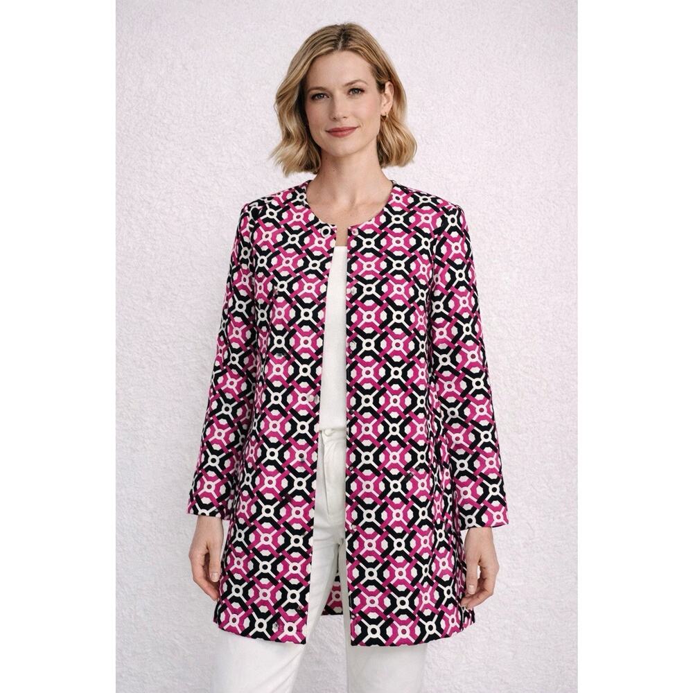 Laundry by Shelli Segal Size 10 Pink Black Geometric Long Jacket Coat